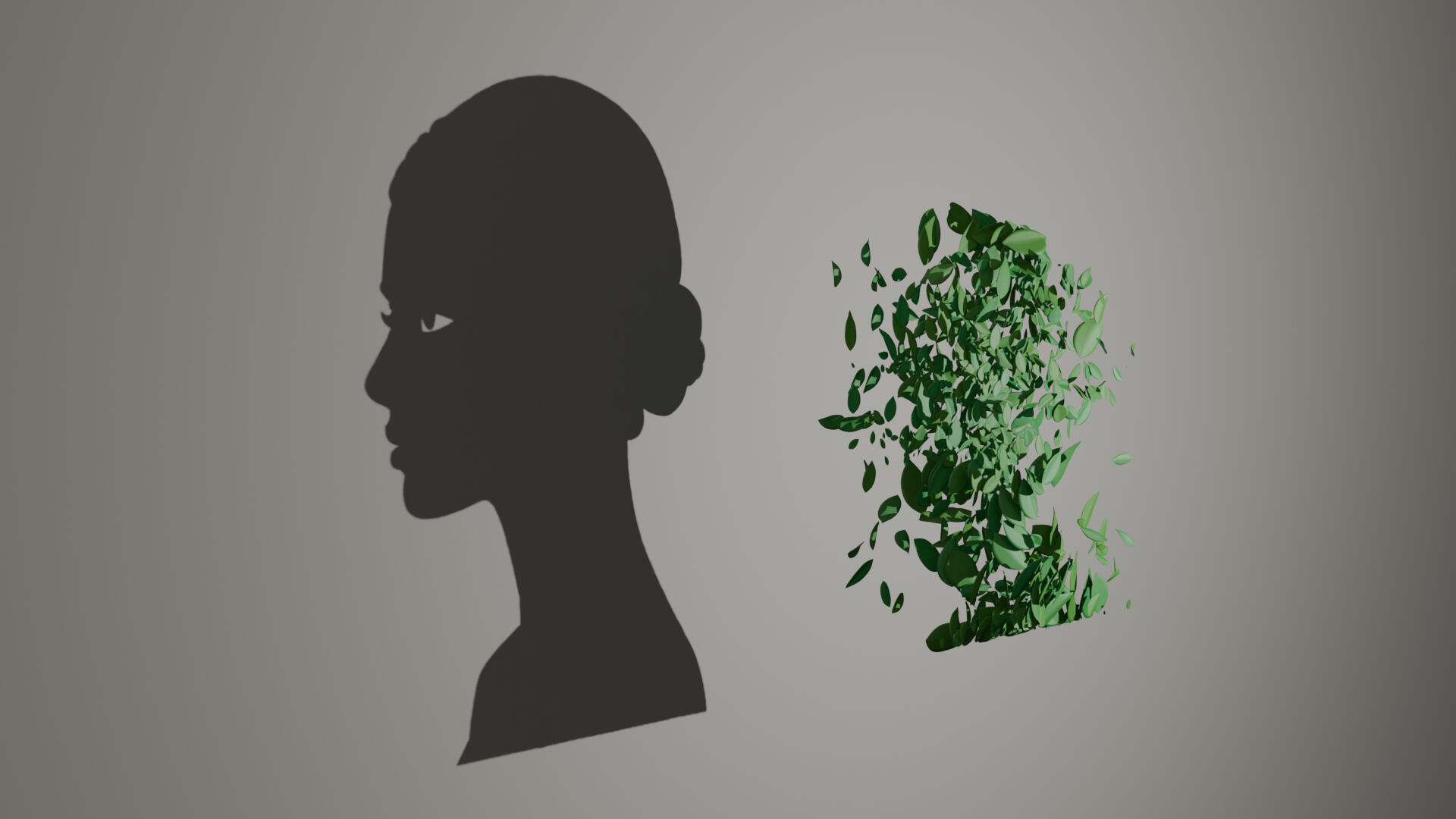 Suspended three-dimensional leaf arrangement forming a human profile through its projected shadow